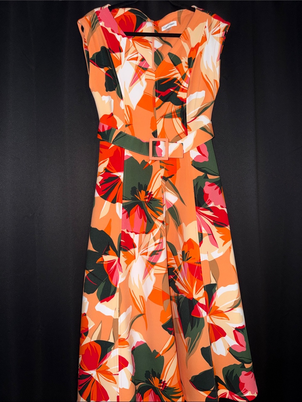 Calvin Klein Orange Floral Belted Midi Dress